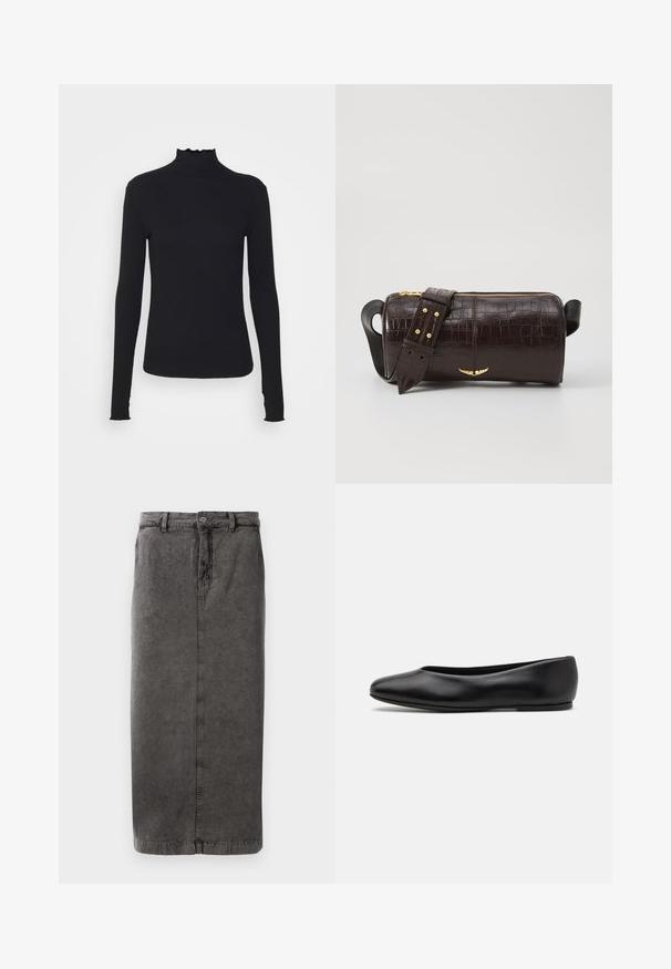 Černý dlouhý rukáv rolák vyrobený z hladkého materiálu, s volánkovým límcem a přiléhavým střihem s jednoduchými okraji.; Šedá sukně z bavlněného směsového materiálu s rovnou siluetou, zapínáním na knoflík a zip, poutky na opasek a jednou zadní kapsou.; Paul Smith TOPANGA - Klasické baleríny - black; Hnědá kabelka z krokodýlí kůže s embosováním, cylindrického tvaru, se zlacenými kovovými prvky a odnímatelným popruhem se hroty.