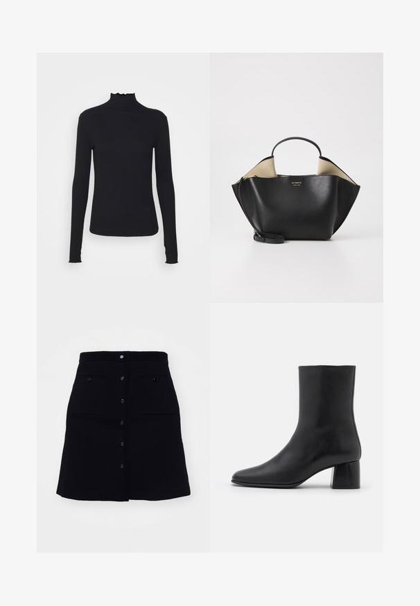 Must kannus varrukatega turtleneck, mis on valmistatud siledast kangast, koos rippuvate kraede ja liibuva siluetiga, millel on lihtsad servad.; sandro JUPE TRAPEZE POCHES - A-lõikeline seelik - noir; Must musta ankle boot terava nina ja turske ruudukujulise kontsaga. Sile tekstuur, sujuv disain ja minimaalne õmblus.; Ree Projects ANN TOTE MINI - Käekott - black; Pärlidropi kõrvarõngad lihvitud pinnaga, hõbedase tooni kaheksakaelaga ja ümmarguste valgete pärlitega. Lihtne, klassikaline disain.