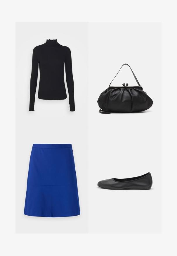 Haut à manches longues noir en col roulé, fabriqué en tissu lisse, présentant un col volanté et une silhouette ajustée avec des bords simples.; Une jupe bleue en tissu lissé, dotée d'une taille bien définie et d'un design simple et évasé, sans ornements ni motifs.; Ballerines en cuir noir avec un bout rond, texture lisse, détails de couture minimalistes et design de semelle flexible.; Sac à main en cuir noir avec un design arrondi et plissé. Il possède un fermoir métallique avec deux boules décoratives et une bandoulière fine et amovible.