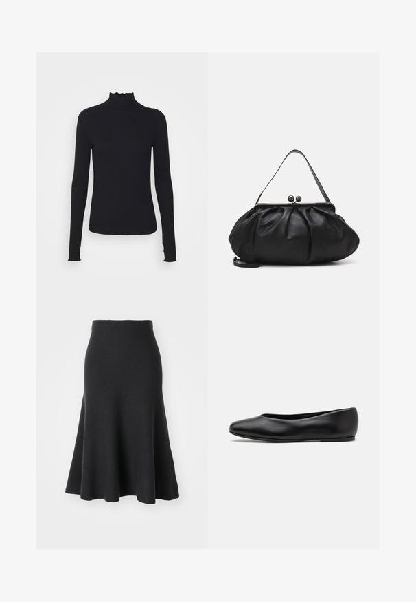 Haut à manches longues noir en col roulé, fabriqué en tissu lisse, présentant un col volanté et une silhouette ajustée avec des bords simples.; Jupe noire évasée en tissu doux, dotée d'une taille haute, d'une texture lisse et d'une silhouette en A qui s'étend jusqu'à mi-mollet.; Paul Smith TOPANGA - Ballerines - black; Sac à main en cuir noir avec un design arrondi et plissé. Il possède un fermoir métallique avec deux boules décoratives et une bandoulière fine et amovible.