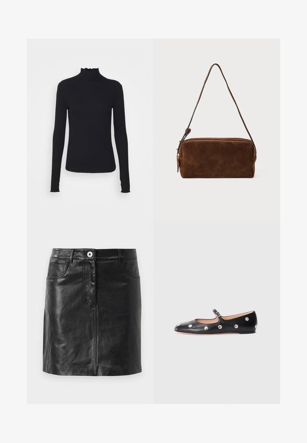 Haut à manches longues noir en col roulé, fabriqué en tissu lisse, présentant un col volanté et une silhouette ajustée avec des bords simples.; WEEKEND MaxMara HULL - Jupe crayon - nero; Chaussure plate en cuir noir type Mary Jane avec un bout arrondi, ornée de clous ronds en argent et dotée d'une sangle réglable avec une boucle.; Sac en cuir suédé marron à bandoulière unique, de forme rectangulaire, avec fermeture éclair et accents en métal doré.