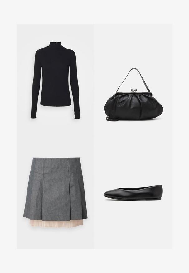 Czarny, długi rękaw, golf z gładkiego materiału, z falbaniastym kołnierzem i dopasowanym krojem z prostymi brzegami.; Szara spódnica w plisy o teksturowanym wykończeniu, z półprzezroczystą, jasnoróżową podszewką w plisy i bocznym zapięciem na zamek.; Paul Smith TOPANGA czarny; Czarna skórzana torebka o zaokrąglonym, plisowanym wzorze. Posiada metalowy zamek z dwoma dekoracyjnymi kulkami oraz smukły, odpinany pasek.