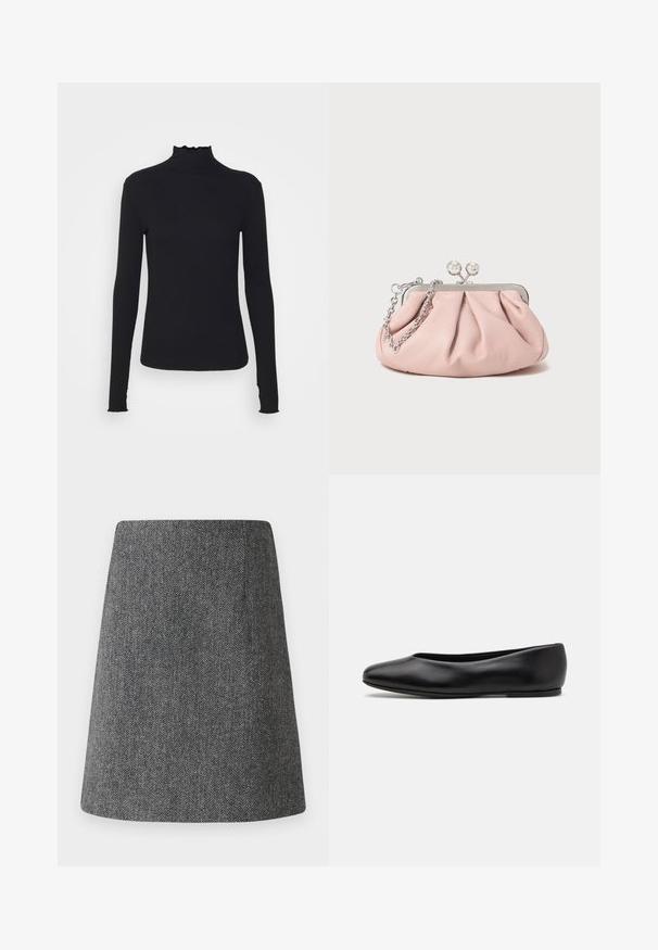 Zwarte langärmelige turtleneck top van soepel stof, met een gerimpelde hals en een aansluitende silhouet met eenvoudige randen.; Grijze visgraatrok met een uitlopende A-lijn vorm, gemaakt van textiel met structuur. Kenmerkt zich door een nette tailleband en geen zichtbare hardware of accenten.; Paul Smith TOPANGA - Ballerina's - black; Roze leren clutch tas met een geplooid ontwerp, metalen frame, twee ronde sluitingen en een zilveren schouderband. Gladde textuur, compacte vorm.
