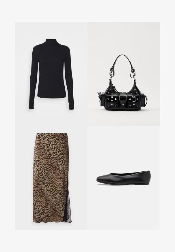 Sort langærmet turtleneck top lavet af glat stof, med en rynket krave og tætsiddende silhuet med enkle kanter.; Leopardprint midi nederdel med en tætsiddende silhuet, gennemsigtig blonde sideløsning og glat stoftekstur i jordfarver.; Paul Smith TOPANGA - Ballerinasko - black; Sort læderhåndtaske med et buet design, prydet med sølvfarvede nitter, en spænde og to sidelommer. Justerbar rem til forskellige bære muligheder.