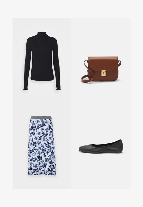 Top negru cu mânecă lungă și guler înalt, realizat dintr-un material neted, având un guler cu volane și o siluetă ajustată cu margini simple.; Fustă cu imprimeu floral albastru și alb, dintr-un material ușor, cu un tiv gri și o formă fluidă în A. Prezintă modele florale abstracte, în nuanțe închise.; Balerini din piele neagră, cu vârf rotund, textură netedă, detalii de cusătură minimale și un design al tălpii flexibil.; Geantă de piele maro cu închidere tip capac, accesorii de culoare aurie, curea de umăr și o textură netedă. Formă compactă și rectangulară.