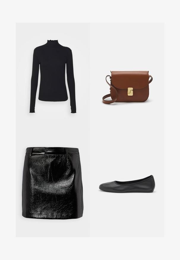 Črn dolg rokav turtleneck zgornji del iz gladkega materiala, ki se ponaša z nabranim ovratnikom in prilegajočim silhueto s preprostimi robovi.; Črna usnjena mini krila z sijočo površino, ki se ponaša z gladko teksturo, ravnim krojem in subtilnimi šivi na pasu.; Črne usnjene balerinke z zaobljenim nosom, gladko teksturo, minimalnimi šivi in fleksibilno zasnovo podplata.; Rjava usnjena torbica s poklopcem, zlato obarvani okovi, naramnica in gladka tekstura. Kompaktna pravokotna oblika.