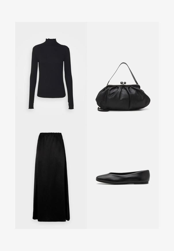 Czarny, długi rękaw, golf z gładkiego materiału, z falbaniastym kołnierzem i dopasowanym krojem z prostymi brzegami.; Długa czarna spódnica o gładkiej, pomarszczonej fakturze i elastycznej talii. Posiada boczne rozcięcie, co zapewnia swobodę ruchów oraz smukły fason.; Paul Smith TOPANGA czarny; Czarna skórzana torebka o zaokrąglonym, plisowanym wzorze. Posiada metalowy zamek z dwoma dekoracyjnymi kulkami oraz smukły, odpinany pasek.