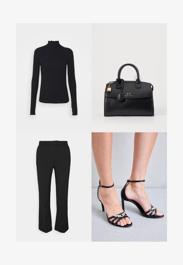 Musta pitkähihainen poolotoppi, joka on valmistettu sileästä kankaasta, jossa on röyhelökaulus ja tiukka siluetti yksinkertaisilla reunoilla.; Musta räätälöity housut suoran lahkeen muotoilulla, joissa on vyölenkit ja sivutaskut. Valmistettu sileästä kankaasta, jossa on siisti viimeistely.; Zadig & Voltaire AMEE WING EMBOSSED IGUANA - Korolliset sandaalit - noir; Musta nahkalaukku, jossa on jämäkkä muotoilu, kultaiset yksityiskohdat ja lukko. Varustettu kahtena yläkahvana ja kohokuvioidulla brändäyksellä edessä.