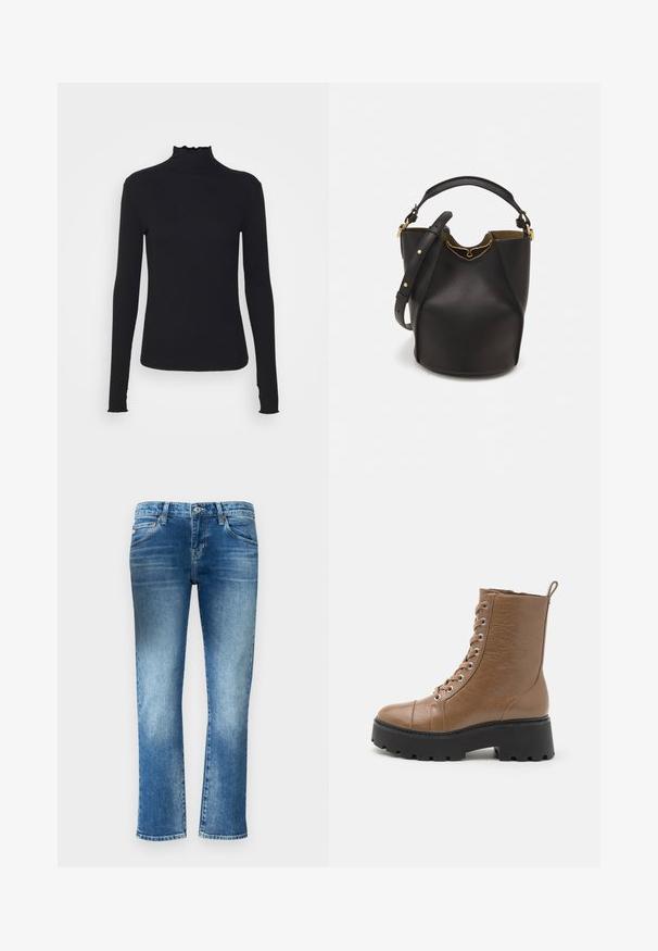 Juodas ilgomis rankovėmis turtleneko tipo viršus, pagamintas iš lygaus audinio, su raukšlėtu kaklu ir prigludusia siluetu, turinčiu paprastus kraštus.; Šviesiai mėlyni džinsai su tiesia koja, švelniu blukimu ir vidutiniu juosmens aukščiu. Yra penki kišenės ir diržo kilpos.; Rudos dirbtinės odos čiurnų bote su masyviu juodu padu, apvalia nosimi, priekyje esančiais raišteliais ir kilpa nugaroje. Paviršius su tekstūruota detale.; Juodas odinis kibiro tipo krepšys su tekstūruotu paviršiumi, auksiniais detalėmis ir atvira viršūne. Yra trumpa rankena ir reguliuojama petneša.