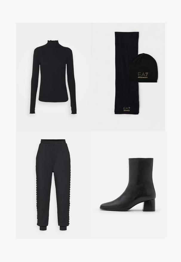 Fekete, hosszú ujjú, garbós felső sima anyagból, fodros gallérral és illeszkedő sziluettel, egyszerű élekkel.; Fekete tréningnadrág elasztikus derékkal, bordás szegélyekkel és hullámos oldalsó részletekkel. Puha tapintású és keskenyített fazon a kényelmes illeszkedés érdekében.; Fekete bőr bokacsizma hegyes orral és vastag, négyzet alakú sarokkal. Simább felület, mondanivaló nélküli dizájn és minimalista varrás.; Fekete kötött sál és sapka szett arany logó részletezéssel. A sál hosszú és téglalap alakú; a sapka illeszkedő, lekerekített tetejű.