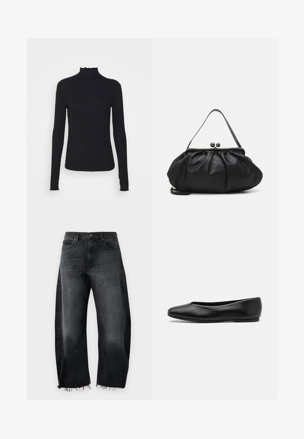 Zwarte langärmelige turtleneck top van soepel stof, met een gerimpelde hals en een aansluitende silhouet met eenvoudige randen.; Zwarte spijkerbroek van denim met een wijde pijp, rafelige zoom, vijf zakken en subtiele vervaging; gemaakt van stevig katoen.; Paul Smith TOPANGA - Ballerina's - black; Zwarte leren handtas met een afgerond, geplooid ontwerp. Voorzien van een metalen sluiting met twee decoratieve bollen en een smalle, afneembare schouderband.