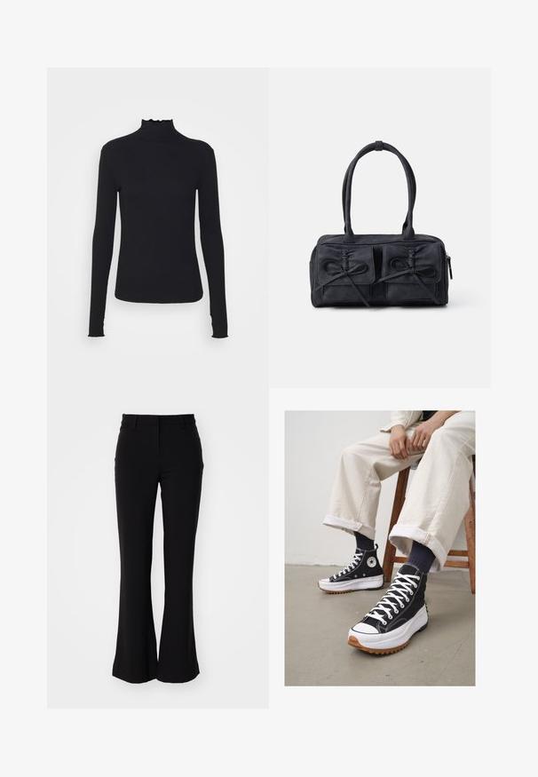 Černý dlouhý rukáv rolák vyrobený z hladkého materiálu, s volánkovým límcem a přiléhavým střihem s jednoduchými okraji.; Černé rozšiřující se kalhoty z hladkého materiálu, s pasem střední výšky a bočními kapsami, které předvádějí štíhlý design a přizpůsobený střih.; Černé vysoké tenisky s bílými tkaničkami a gumovým ochranným špičkou. Silná bílá podešev s texturovanou hnědou podrážkou, nošeny s námořnickými pruhovanými ponožkami.; Černá látková kabelka se dvěma předními kapsami s detaily mašle, dvojitými uchy a zipovým uzávěrem. Měkká textura a obdélníkový tvar.; Stříbrné kruhové náušnice s hladkým, lesklým povrchem. Kulatý tvar a bezpečné zapínání na klip. Lehký design vhodný pro každodenní nošení.