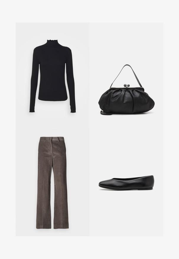 Black long-sleeve turtleneck top made of smooth fabric, featuring a ruffled neck and fitted silhouette with simple edges.; Brown corduroy pants featuring a straight-leg design, vertical ribbed texture, and a standard waistband with belt loops.; Paul Smith TOPANGA - Ballet pumps - black; Black leather handbag with a rounded, pleated design. Features a metallic clasp with two decorative balls and a slim, detachable strap.