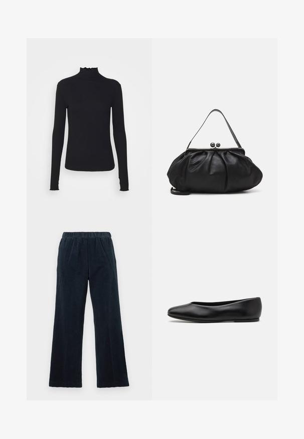 Sort langærmet turtleneck top lavet af glat stof, med en rynket krave og tætsiddende silhuet med enkle kanter.; Marineblå kordfløjl bukser med en vid ben design, elastisk talje og lodret ribbet struktur. Har sidelommer og en lige kant.; Paul Smith TOPANGA - Ballerinasko - black; Sort læderpung med et rundt, plisseret design. Har en metalspænde med to dekorative kugler og et slankt, aftageligt rem.