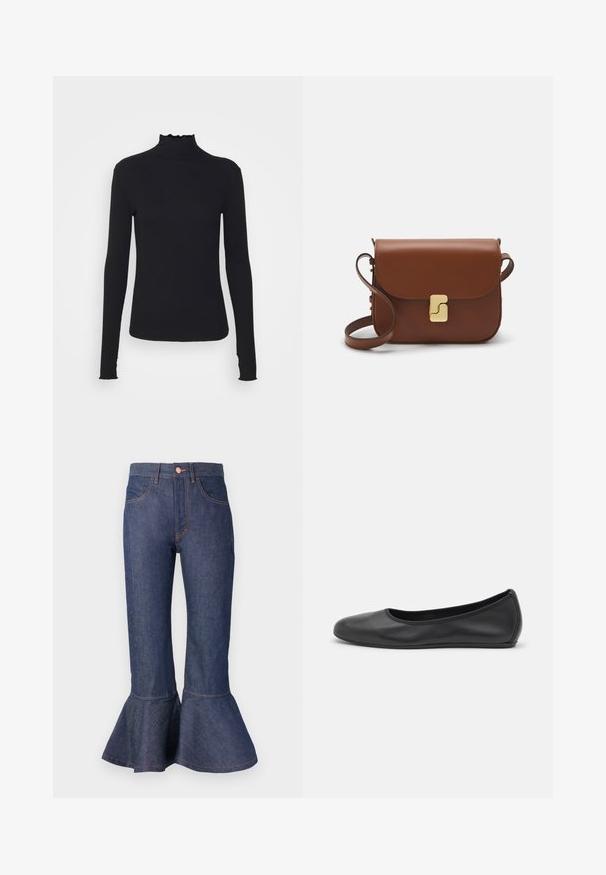 Černý dlouhý rukáv rolák vyrobený z hladkého materiálu, s volánkovým límcem a přiléhavým střihem s jednoduchými okraji.; Tmavě modré džíny s krouceným lemem, rozšířené od kolen, se pěti kapsami a kontrastním oranžovým prošíváním. Pas v poloviční výšce se zapínáním na přední knoflík.; Černé kožené baletní byty s kulatou špičkou, hladkou texturou, minimálními švy a flexibilním designem podrážky.; Hnědá kožená kabelka s klopou, zlatými kovovými detaily, ramenním popruhem a hladkým povrchem. Kompaktní obdélníkový tvar.