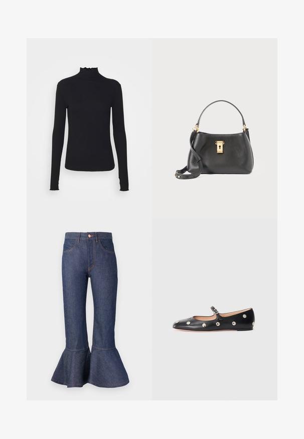 Črn dolg rokav turtleneck zgornji del iz gladkega materiala, ki se ponaša z nabranim ovratnikom in prilegajočim silhueto s preprostimi robovi.; Temno modri traperasti široki hlače z nabranim robom, petimi žepi in kontrastnim oranžnim šivanjem. Pas srednje višine z zapiranjem na gumb spredaj.; Črne usnjene Mary Jane balerinke z zaobljenim noskom, opremljene z zlatimi krožnimi mošnjo in nastavljivim trakom z zaponko.; Črna usnjena torbica z teksturirano površino, ki ima zlati zaklep, kratek ročaj in snemljivi ramenski trak.