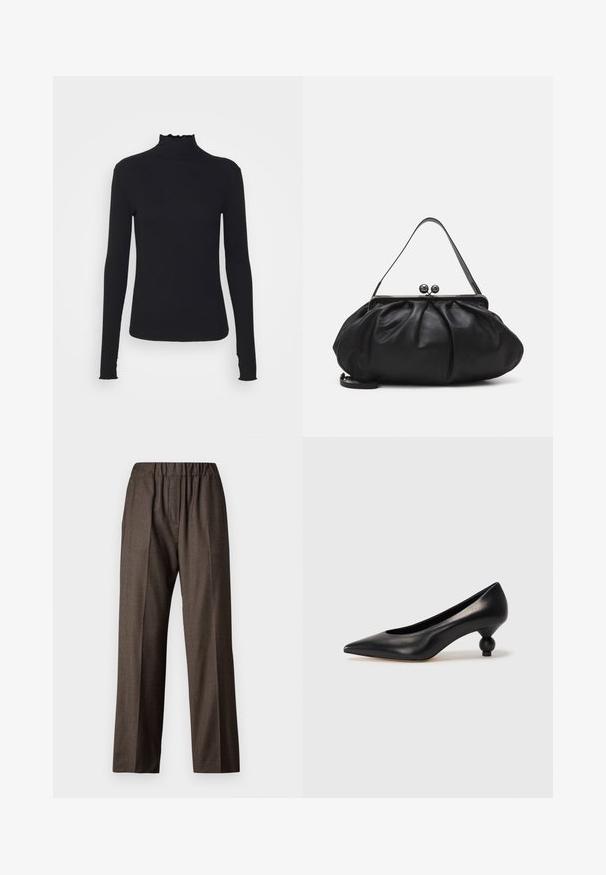 Black long-sleeve turtleneck top made of smooth fabric, featuring a ruffled neck and fitted silhouette with simple edges.; Brown, checkered fabric trousers with an elastic waistband, straight-leg design, and side pockets. Textured surface with a subtle pattern.; Black leather high heel shoe with a pointed toe and a round, balled heel. Smooth texture with a sleek, minimal design.; Black leather handbag with a rounded, pleated design. Features a metallic clasp with two decorative balls and a slim, detachable strap.