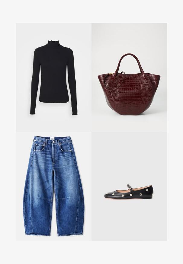 Sort langærmet turtleneck top lavet af glat stof, med en rynket krave og tætsiddende silhuet med enkle kanter.; Bredde ben blå denim jeans med en falmet finish, der har fem lommer, kobbernitter og lynlås lukning. Stof er tekstureret og holdbart.; Sorte læder Mary Jane flad sko med en rund tå, udstyret med sølvfarvede runde nitter og en justerbar rem med spænde.; Mørkerød krokodillepræget læder tote taske med to håndtag, en rund form og en subtil hardware-accent i gul tone.