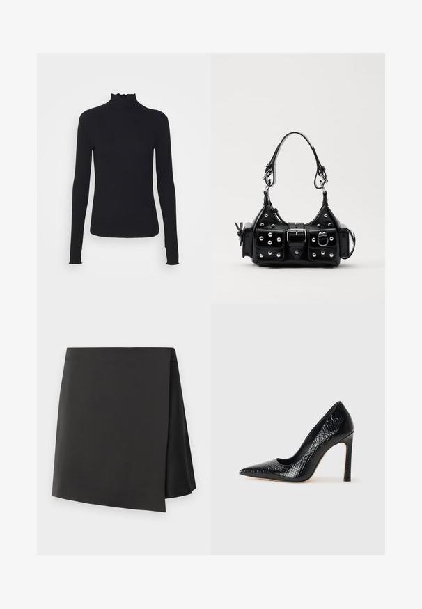 Melnas garām piedurknēm turtleneck blūze, izgatavota no gludas auduma, ar krokotu apkakli un pieguļošu siluetu, kas ir ar vienkāršām malām.; Melnā mini svārku ar augstu vidukli, asimetriskas apakšmalas, kas izgatavota no gludas auduma, ar minimālistisku dizainu bez rotājumiem.; Melni augstpapēžu apavi ar norādītu purngalu, ar krokodila ādas tekstūru, izceļoties ar elegantu dizainu, augstu stiletto papēdi un gludu melnu interjeru.; Melnas ādas rokturmais ar izliekumu, ar sudraba iedurtiem, sprādzi un divām sānu kabatām. Regulējams siksniņas garums dažādām nēsāšanas iespējām.