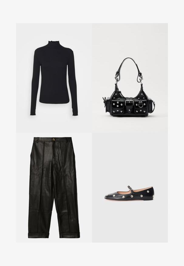 Černý dlouhý rukáv rolák vyrobený z hladkého materiálu, s volánkovým límcem a přiléhavým střihem s jednoduchými okraji.; AERON ZIMA PANTS - Kožené kalhoty - black; Černé kožené baleríny typu Mary Jane s kulatou špičkou, zdobené stříbrnými kulatými nýty a nastavovacími popruhy se sponou.; Černá kožená kabelka s křivkovým designem, zdobená stříbrnými hřebíky, s přezkou a dvěma bočními kapsami. Nastavitelný popruh pro různé možnosti nošení.