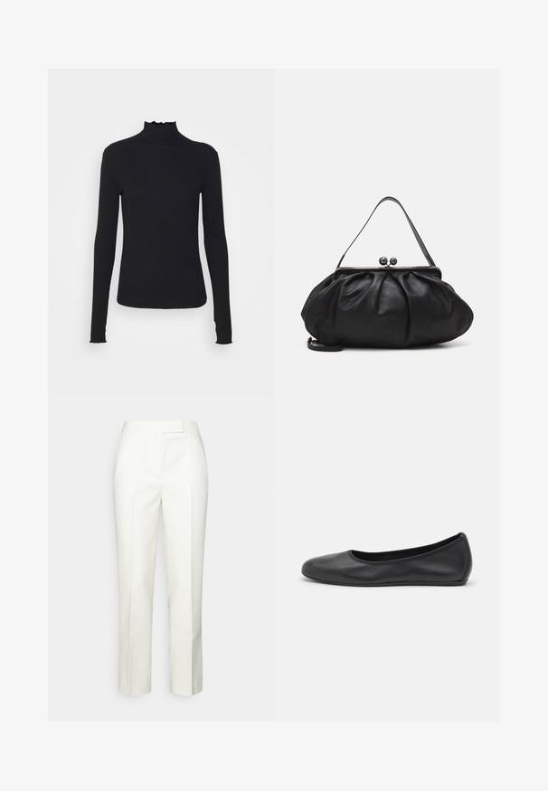 Black long-sleeve turtleneck top made of smooth fabric, featuring a ruffled neck and fitted silhouette with simple edges.; White tailored trousers with a straight leg design, featuring a smooth texture and a minimalist waistband without visible hardware.; Black leather ballet flat with a rounded toe, smooth texture, minimal stitching detail, and a flexible sole design.; Black leather handbag with a rounded, pleated design. Features a metallic clasp with two decorative balls and a slim, detachable strap.