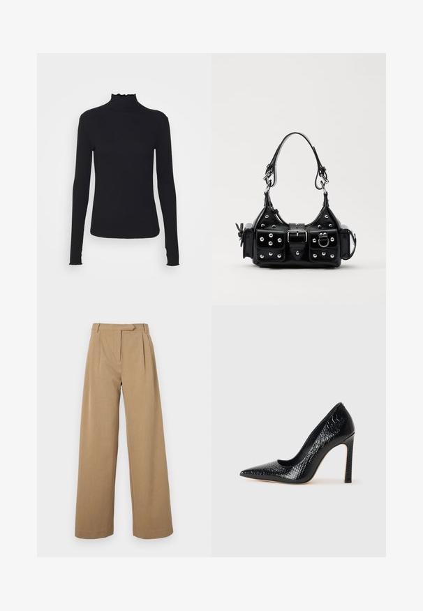 Czarny, długi rękaw, golf z gładkiego materiału, z falbaniastym kołnierzem i dopasowanym krojem z prostymi brzegami.; Spodnie o szerokich nogawkach w jasnobrązowym kolorze, wykonane z teksturowanej tkaniny. Posiadają fałdy z przodu i dopasowaną talię. Prosty design bez widocznych elementów metalowych.; Czarne szpilki z ostrym noskiem, pokryte teksturą skóry krokodyla, charakteryzujące się eleganckim wzornictwem, wysokim obcasem w stylu stiletto oraz gładkim czarnym wnętrzem.; Czarna skórzana torebka w zakrzywionym kształcie, z srebrnymi ćwiekami, klamrą i dwoma bocznymi kieszeniami. Regulowany pasek umożliwiający różne opcje noszenia.