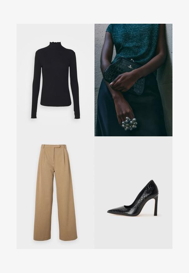 Fekete, hosszú ujjú, garbós felső sima anyagból, fodros gallérral és illeszkedő sziluettel, egyszerű élekkel.; Pántos nadrág világosbarna színben, texturált anyagból készült. Elülső redők és kényelmes derékpánt jellemzi. Egyszerű dizájn, látható fémalkatrészek nélkül.; Fekete hegyes orrú magassarkú cipő krokodilbőr textúrával, letisztult dizájnnal, magas tűsarkú és sima fekete belső résszel.; Fekete krokodilbőr mintázatú válltáska ezüst hardware-rel, egy texturált szürke háttér előtt tartva. Fényes felülettel rendelkezik.