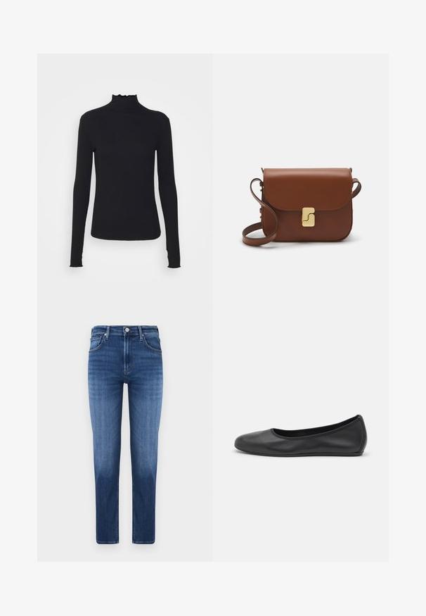 Čierny dlhý rukáv turtleneck top vyrobený z hladkej látky, s volánovým golierom a priliehavou siluetou s jednoduchými okrajmi.; Klasické modré džínsy vyrobené z denimu, s rovnými nohavicami, dizajnom s piatimi vreckami a svetlým opotrebením na stehnách pre dodatočnú textúru.; Čierne kožené baleríny s okrúhlou špičkou, hladkým povrchom, minimálnym prešívaním a flexibilným dizajnom podrážky.; Hnedá kožená kabelka s klopou, zlatými kovovými prvkami, ramenným popruhom a hladkým povrchom. Kompaktný obdĺžnikový tvar.
