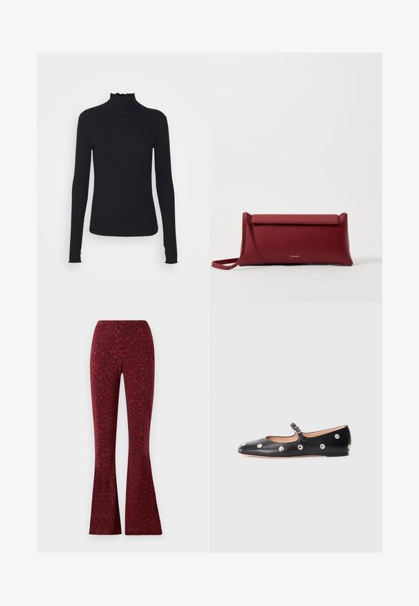 Juodas ilgomis rankovėmis turtleneko tipo viršus, pagamintas iš lygaus audinio, su raukšlėtu kaklu ir prigludusia siluetu, turinčiu paprastus kraštus.; Raudoni išsiplėtę kelnių su aksominiu leopardų raštu, lygiu paviršiumi ir elastinga juosta patogumui.; Juodų odinių Mary Jane plokščių batų su apvaliu pirštu, papuoštų sidabriniais apvaliais nagais ir reguliuojamu dirželiu su sagtimi.; Raudona odinė rankinė su tekstūruotu paviršiumi, turinti plokščią užlenkiamą viršų ir trumpą dirželį. Subtilus prekės ženklo logotipas priekyje.