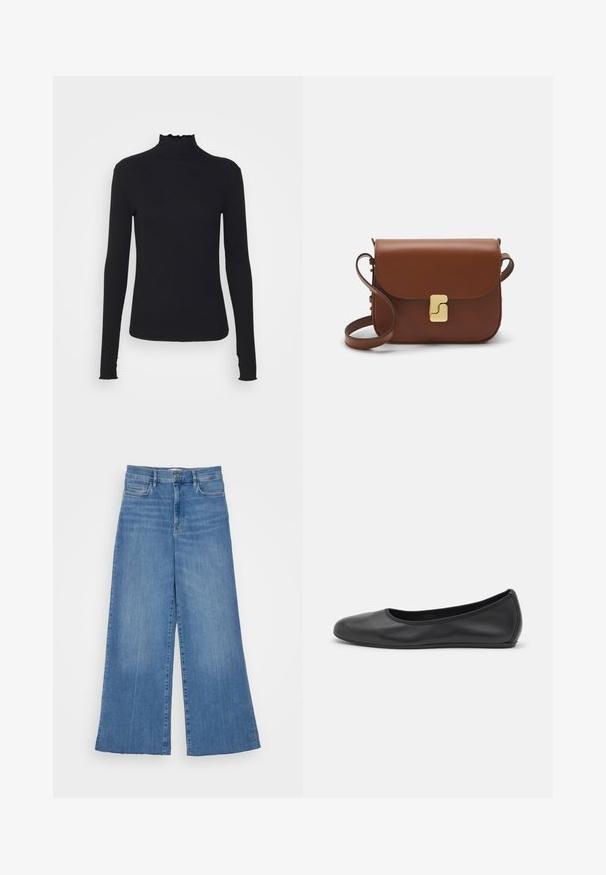Juodas ilgomis rankovėmis turtleneko tipo viršus, pagamintas iš lygaus audinio, su raukšlėtu kaklu ir prigludusia siluetu, turinčiu paprastus kraštus.; FRAME PALAZZO RAW FRAY - Platėjantys džinsai - clearwater; Juodai odiniai baletai su apvaliu pirštu, lygi texture, minimalus siuvimo detales ir lanksčiu padų dizainu.; Ruda odinė rankinė su uždaromu dangteliu, aukso spalvos detalėmis, petneša ir lygiu paviršiumi. Kompaktiška stačiakampio formos.