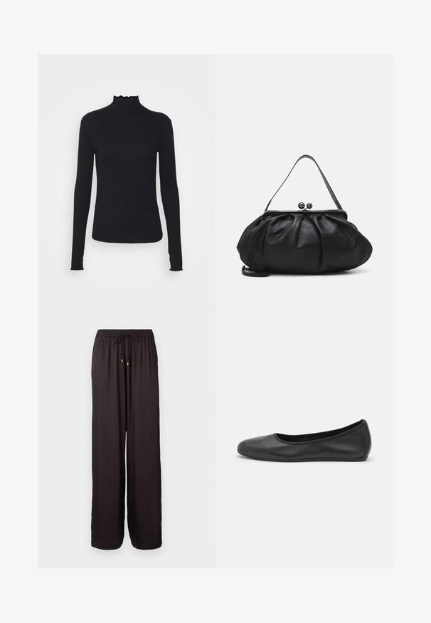 Black long-sleeve turtleneck top made of smooth fabric, featuring a ruffled neck and fitted silhouette with simple edges.; Loose-fitting black pants with elastic waistband and drawstring with gold-toned tips, full-length and straight-cut legs.; Black leather ballet flat with a rounded toe, smooth texture, minimal stitching detail, and a flexible sole design.; Black leather handbag with a rounded, pleated design. Features a metallic clasp with two decorative balls and a slim, detachable strap.