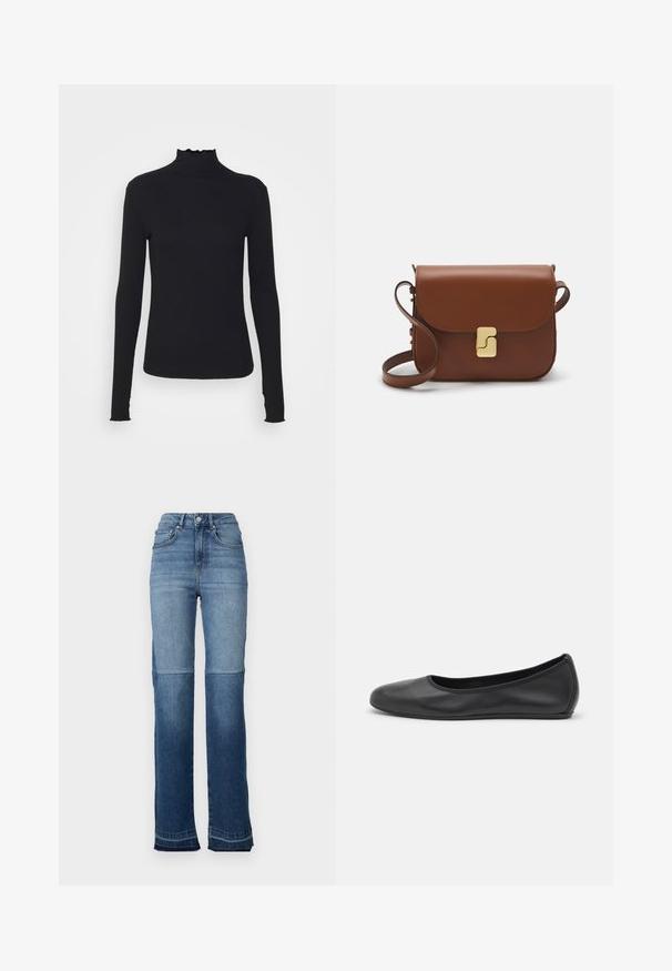 Top negro de manga larga con cuello alto, hecho de tejido suave, que presenta un cuello con volantes y una silueta ajustada con bordes simples.; Jeans de mezclilla de tiro alto con un degradado de azul claro a oscuro, diseño de pierna recta y dobladillos deshilachados en los puños.; Bailarina de piel negra con punta redondeada, textura suave, detalle de costura minimalista y diseño de suela flexible.; Bolso de mano de cuero marrón con cierre de solapa, herrajes en tono dorado, correa para el hombro y una textura suave. Forma rectangular compacta.