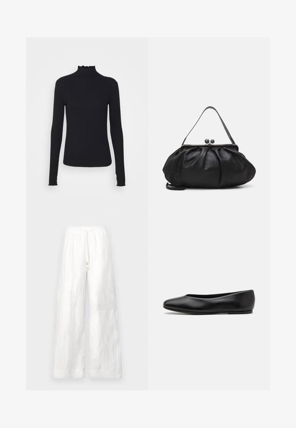 Must kannus varrukatega turtleneck, mis on valmistatud siledast kangast, koos rippuvate kraede ja liibuva siluetiga, millel on lihtsad servad.; Valged linased laiad püksid elastse vöökohaga ja paelaga. Omavad siledat tekstuuri ja laia lõiget. Taskud puuduvad.; Paul Smith TOPANGA - Baleriinad - black; Must mustrida nahk-kott ümmarguse, kortsunud disainiga. Varustatud metallist klambriga, millel on kaks dekoratiivset palli ja õhuke, eemaldatav rihm.