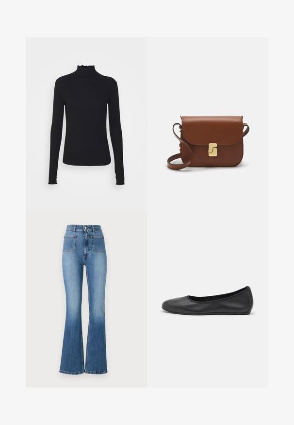 Top negro de manga larga con cuello alto, hecho de tejido suave, que presenta un cuello con volantes y una silueta ajustada con bordes simples.; Jeans de mezclilla azul acampanados con cintura alta, que cuentan con dos bolsillos traseros y un acabado desgastado. El dobladillo está cosido con un diseño sutil.; Bailarina de piel negra con punta redondeada, textura suave, detalle de costura minimalista y diseño de suela flexible.; Bolso de mano de cuero marrón con cierre de solapa, herrajes en tono dorado, correa para el hombro y una textura suave. Forma rectangular compacta.