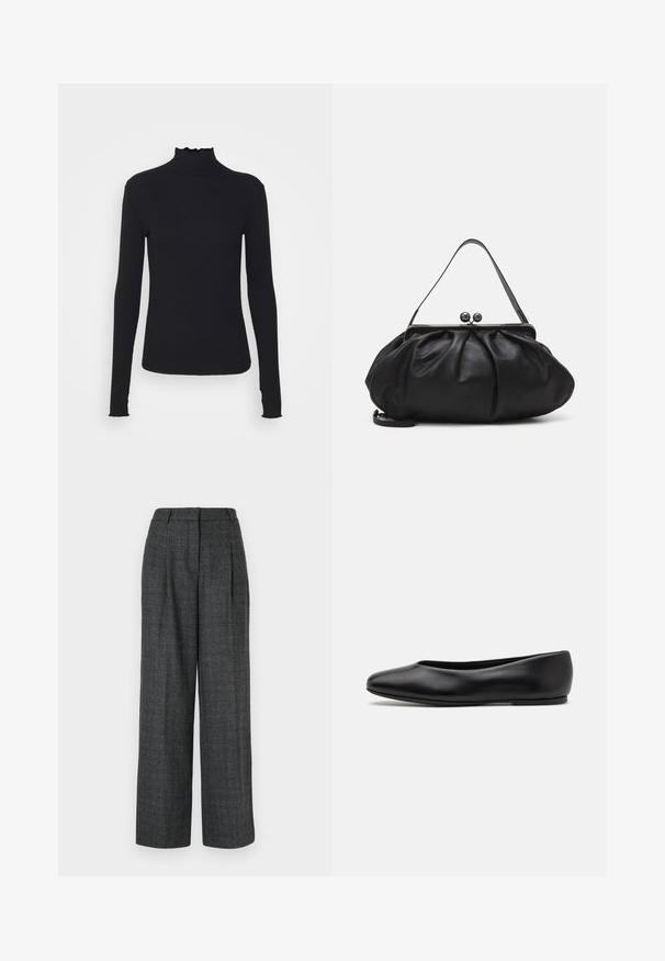 Haut à manches longues noir en col roulé, fabriqué en tissu lisse, présentant un col volanté et une silhouette ajustée avec des bords simples.; Pantalons larges gris en tissu texturé, dotés de plis avant, d'une taille haute et d'une coupe ajustée pour une apparence structurée.; Paul Smith TOPANGA - Ballerines - black; Sac à main en cuir noir avec un design arrondi et plissé. Il possède un fermoir métallique avec deux boules décoratives et une bandoulière fine et amovible.