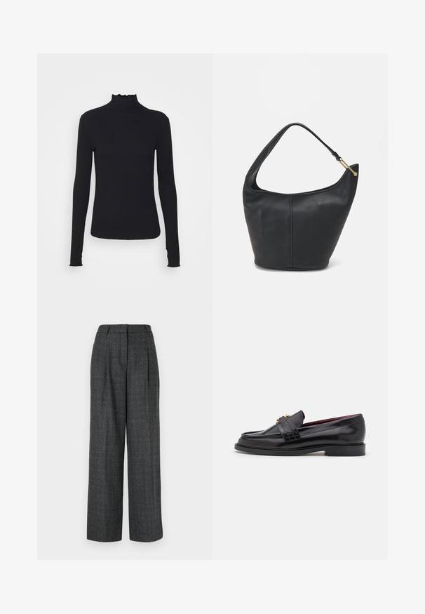Čierny dlhý rukáv turtleneck top vyrobený z hladkej látky, s volánovým golierom a priliehavou siluetou s jednoduchými okrajmi.; Sivé nohavice so širokými nohavicami a štruktúrovanou tkaninou, so záhybmi vpredu, vysokým pásom a prispôsobeným strihom pre štruktúrovaný vzhľad.; Čierne kožené mokasíny sošitým vzorom, hladkou textúrou, detailom zlatého pracky a zaoblenou špičkou, posadené na nízkej čiernej podrážke.; Čierna kožená kabelka zaobleného tvaru, so širokým popruhom a textúrovaným povrchom. Obsahuje jemný šev a zlaté kovanie.