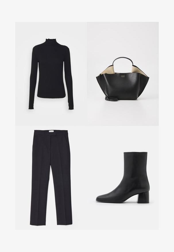 Fekete, hosszú ujjú, garbós felső sima anyagból, fodros gallérral és illeszkedő sziluettel, egyszerű élekkel.; Tiger of Sweden Vászonnadrágok - charcoal; Fekete bőr bokacsizma hegyes orral és vastag, négyzet alakú sarokkal. Simább felület, mondanivaló nélküli dizájn és minimalista varrás.; Ree Projects ANN TOTE MINI - Kézitáska - black