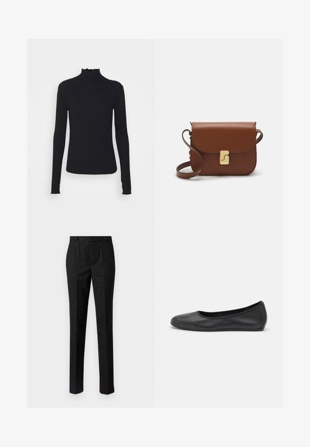 Melnas garām piedurknēm turtleneck blūze, izgatavota no gludas auduma, ar krokotu apkakli un pieguļošu siluetu, kas ir ar vienkāršām malām.; Melni bikses ar baltām punktiņām, pielāgots piegriezums, divas priekšējās kabatas, plakana priekšpuse un taisnas kājas. Audums izskatās gluds un strukturēts.; Melna ādas baleta kurpe ar noapaļotu purngalu, gludu tekstūru, minimālu šuvju detalizāciju un elastīgu zoles dizainu.; Bordo ādas rokas soma ar atloku, zeltītām detaļām, plecu siksnu un gludu virsmu. Kompakta, taisnstūrveida forma.