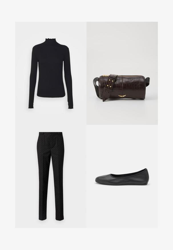 Black long-sleeve turtleneck top made of smooth fabric, featuring a ruffled neck and fitted silhouette with simple edges.; Black trousers with white polka dots, tailored fit, two front pockets, flat front, and straight legs. Fabric appears smooth and structured.; Black leather ballet flat with a rounded toe, smooth texture, minimal stitching detail, and a flexible sole design.; Brown crocodile-embossed leather bag with a cylindrical shape, gold-tone hardware, and a detachable strap featuring studs.