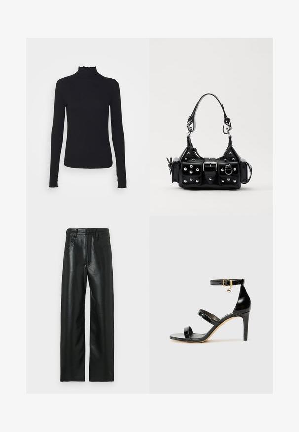 Black long-sleeve turtleneck top made of smooth fabric, featuring a ruffled neck and fitted silhouette with simple edges.; Black leather pants with a straight cut, featuring a button closure, belt loops, and two front pockets. Smooth texture with a slight sheen.; Black patent leather sandal with three straps, ankle buckle, and 4-inch stiletto heel. Features gold hardware detail and logo charm.; Black leather handbag with a curved design, featuring silver studs, a buckle, and two side pockets. Adjustable strap for carrying options.