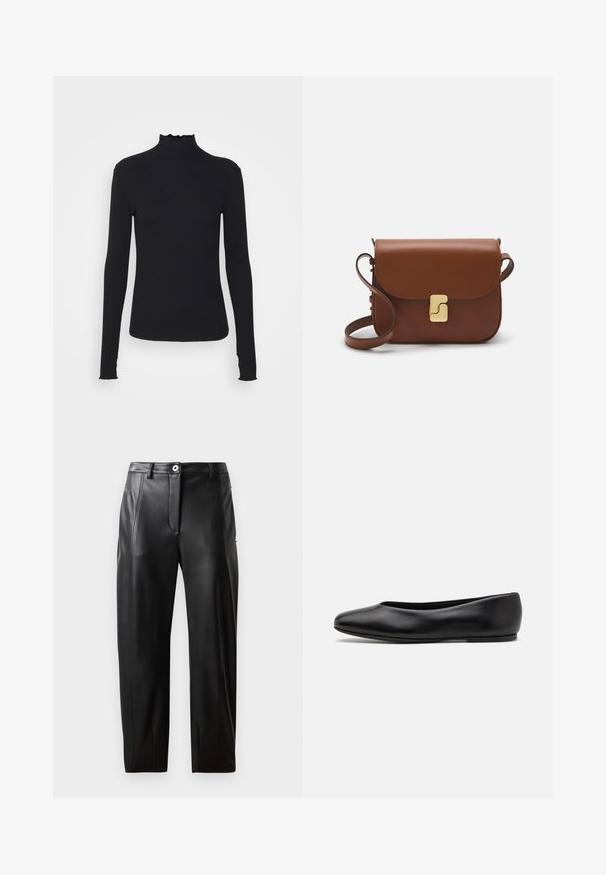 Haut à manches longues noir en col roulé, fabriqué en tissu lisse, présentant un col volanté et une silhouette ajustée avec des bords simples.; Pantalons en cuir noir au toucher lisse, dotés de poches avant, d'une fermeture éclair et d'une coupe ajustée. Finitions de couture discrètes sur les côtés.; Paul Smith TOPANGA - Ballerines - black; Sac à main en cuir marron avec une fermeture à rabat, des accents en métal doré, une bandoulière et une texture lisse. Forme rectangulaire compacte.