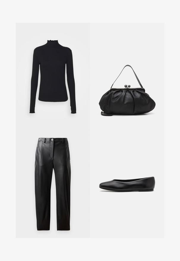 Černý dlouhý rukáv rolák vyrobený z hladkého materiálu, s volánkovým límcem a přiléhavým střihem s jednoduchými okraji.; Černé kožené kalhoty se hladkým povrchem, s předními kapsami, zipovým zapínáním a přiléhavým střihem. Jemné prošití po stranách.; Paul Smith TOPANGA - Klasické baleríny - black; Černá kožená kabelka s zaobleným, skládáním designem. Obsahuje kovový zavírač se dvěma dekorativními koulemi a tenkým, odnímatelným popruhem.