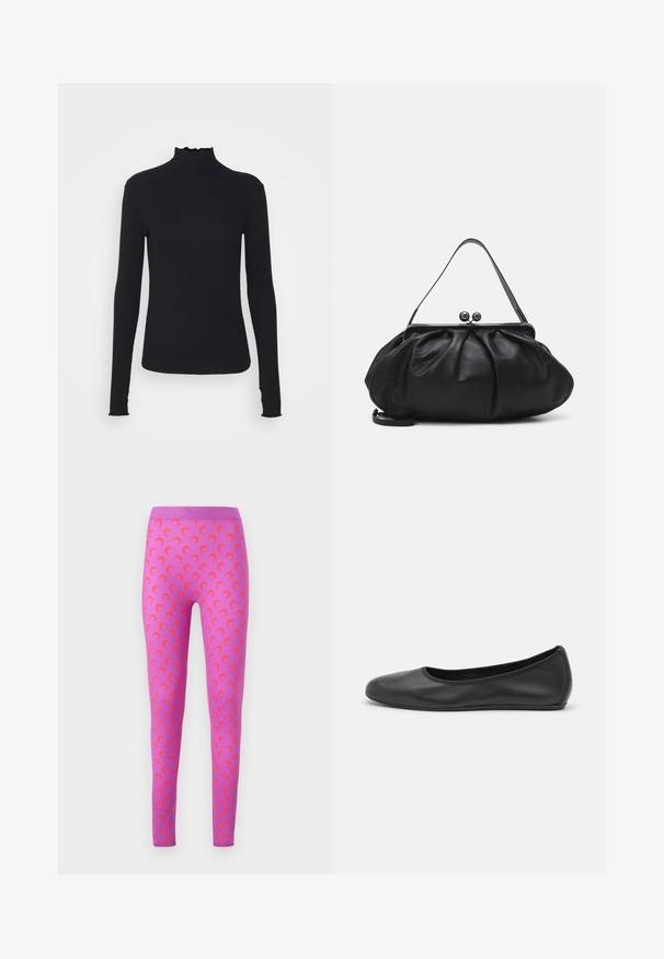 Černý dlouhý rukáv rolák vyrobený z hladkého materiálu, s volánkovým límcem a přiléhavým střihem s jednoduchými okraji.; MARINE SERRE MOON - Legíny - kalhoty - violet; Černé kožené baletní byty s kulatou špičkou, hladkou texturou, minimálními švy a flexibilním designem podrážky.; Černá kožená kabelka s zaobleným, skládáním designem. Obsahuje kovový zavírač se dvěma dekorativními koulemi a tenkým, odnímatelným popruhem.