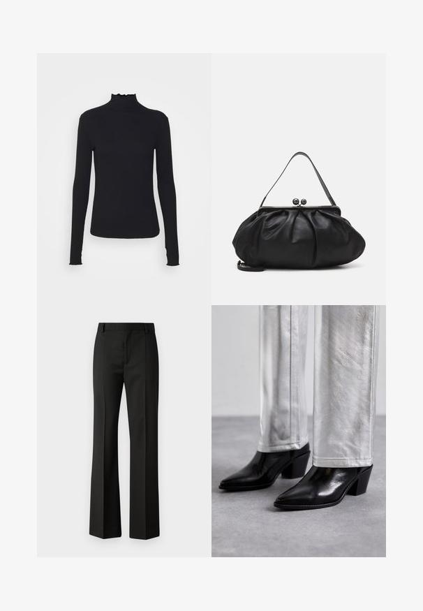 Top negru cu mânecă lungă și guler înalt, realizat dintr-un material neted, având un guler cu volane și o siluetă ajustată cu margini simple.; Pantaloni negri evazați dintr-un material neted, cu fața plată, buzunare laterale și talie cusută.; Cizme negre din piele cu guler până la gleznă, având vârf ascuțit și toc bloc, asortate cu pantaloni argintii strălucitori, evidențiind texturi elegante și culori contrastante.; Geantă de umăr din piele neagră, cu un design rotund și pliat. Dispune de un închizător metalic cu două bile decorative și o curea subțire, detașabilă.
