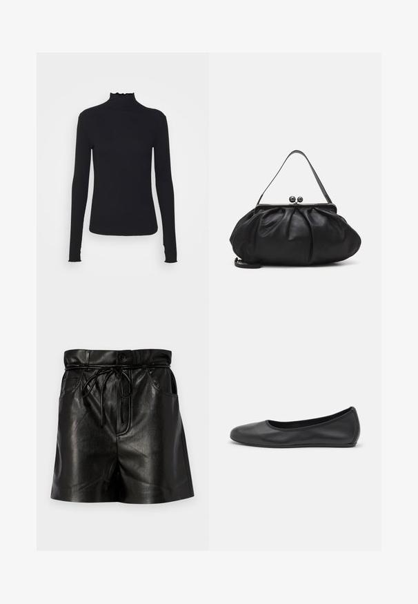 Sort langærmet turtleneck top lavet af glat stof, med en rynket krave og tætsiddende silhuet med enkle kanter.; Sorte lædershorts med høj talje, snøre og sidelommer. Blank finish med synlige syninger.; Sort læderballetsko med rund tå, glat tekstur, minimal syning og et fleksibelt såldesign.; Sort læderpung med et rundt, plisseret design. Har en metalspænde med to dekorative kugler og et slankt, aftageligt rem.