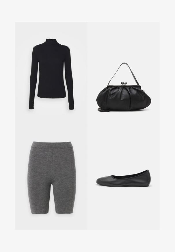 Maglione nero a maniche lunghe con colletto a dolcevita realizzato in tessuto morbido, caratterizzato da un collo arricciato e una silhouette aderente con bordi semplici.; Pantaloni da ciclismo grigi in maglia con un design aderente e una texture liscia, dotati di una vita alta e di una lunghezza fino a metà coscia.; Pantofole da balletto nere in pelle con punta arrotondata, texture liscia, dettagli di cucitura minimi e design con suola flessibile.; Borsa a mano in pelle nera con un design arrotondato e plissettato. Presenta una chiusura metallica con due palline decorative e una tracolla sottile e removibile.