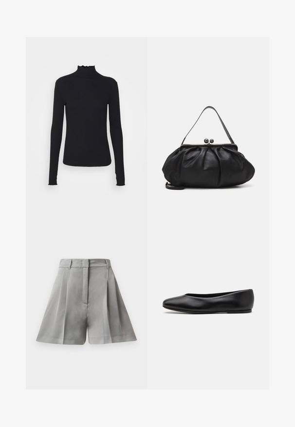 Sort langærmet turtleneck top lavet af glat stof, med en rynket krave og tætsiddende silhuet med enkle kanter.; Grå plisserede shorts lavet af glat stof, med høj talje, forlommer, og skræddersyet design med rene linjer.; Paul Smith TOPANGA - Ballerinasko - black; Sort læderpung med et rundt, plisseret design. Har en metalspænde med to dekorative kugler og et slankt, aftageligt rem.