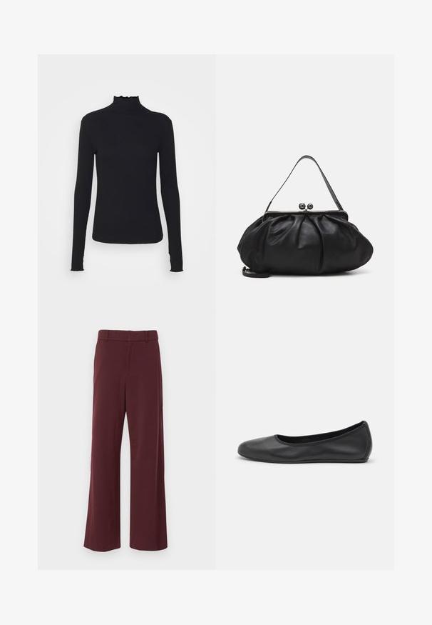 Black long-sleeve turtleneck top made of smooth fabric, featuring a ruffled neck and fitted silhouette with simple edges.; Wide-leg trousers in a deep burgundy color, made from a smooth fabric. Features a flat front with a waistband and belt loops.; Black leather ballet flat with a rounded toe, smooth texture, minimal stitching detail, and a flexible sole design.; Black leather handbag with a rounded, pleated design. Features a metallic clasp with two decorative balls and a slim, detachable strap.