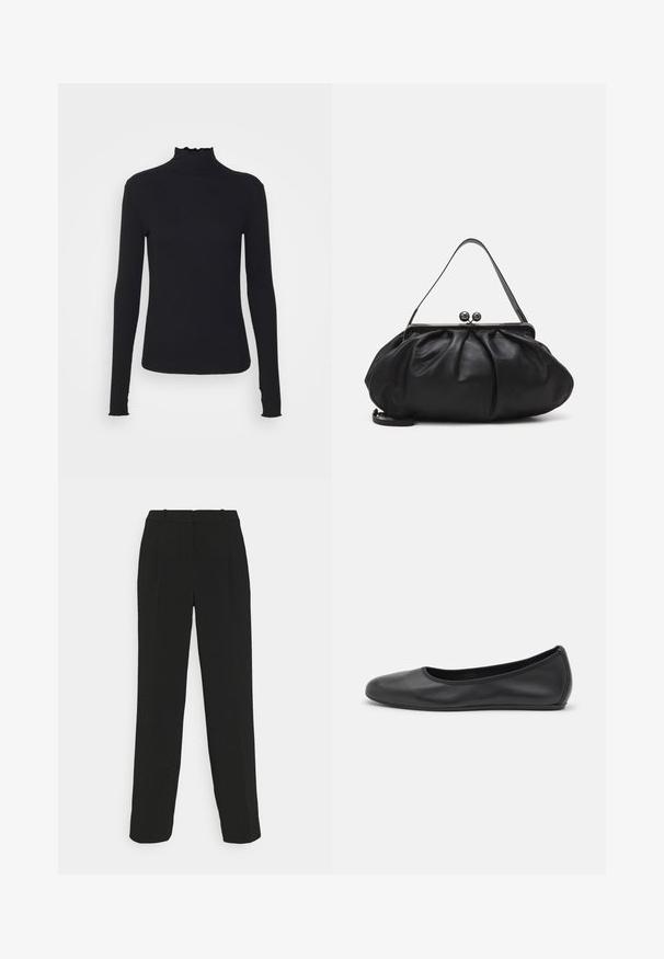 Musta pitkähihainen poolotoppi, joka on valmistettu sileästä kankaasta, jossa on röyhelökaulus ja tiukka siluetti yksinkertaisilla reunoilla.; Mustat räätälöidyt housut suoralinjaisella designilla, joissa on korkea vyötärö, laskokset ja sileä kangas.; Musta nahkainen ballerina, jossa on pyöristetty kärki, sileä pinta, minimaalinen ommelkoristelu ja joustava pohjamuotoilu.; Musta nahkalaukku, jossa on pyöreä, poimutettu muotoilu. Varustettu metallisella lukolla, jossa on kaksi koristepalloa ja ohut, irrotettava olkahihna.
