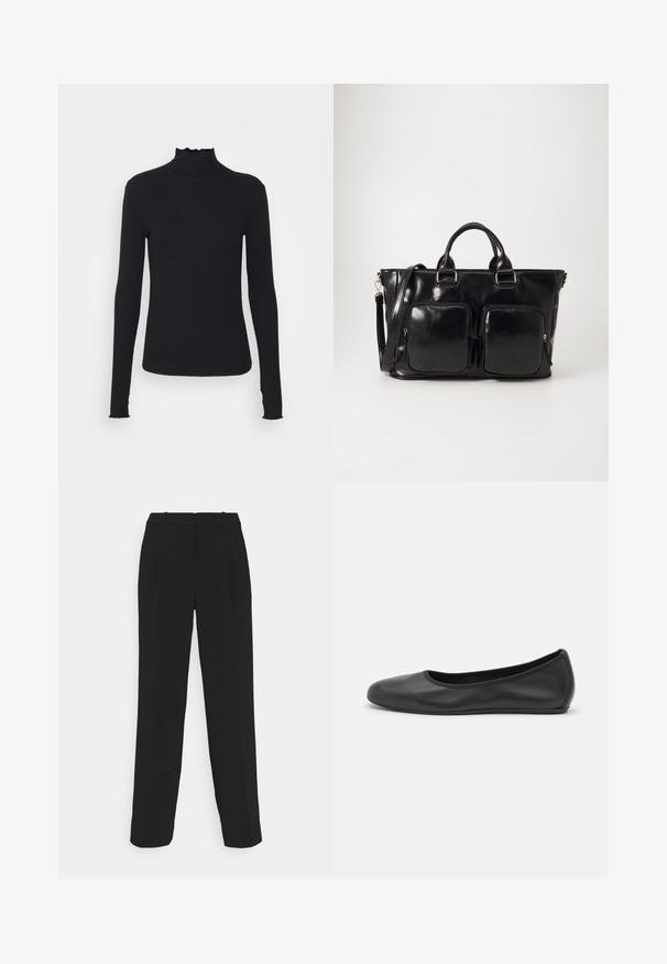 Top negru cu mânecă lungă și guler înalt, realizat dintr-un material neted, având un guler cu volane și o siluetă ajustată cu margini simple.; Pantaloni negri croiți, cu un design drept, prezentând o talie înaltă, pliseuri și o textură de material neted.; Balerini din piele neagră, cu vârf rotund, textură netedă, detalii de cusătură minimale și un design al tălpii flexibil.; Geantă de mână din piele neagră, cu două buzunare frontale cu fermoar, mânere duble și curea de umăr detașabilă. Textură netedă și design structurat.
